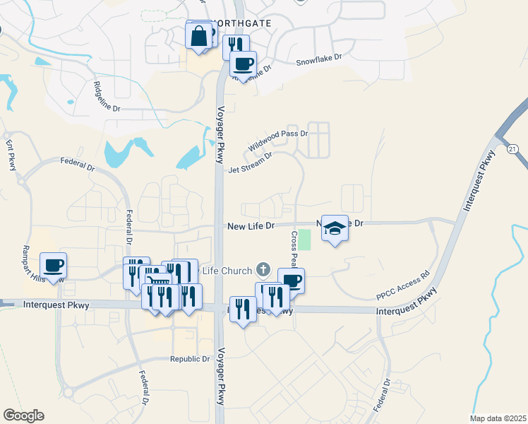 map of restaurants, bars, coffee shops, grocery stores, and more near 12249 Conglomerate Loop in Colorado Springs