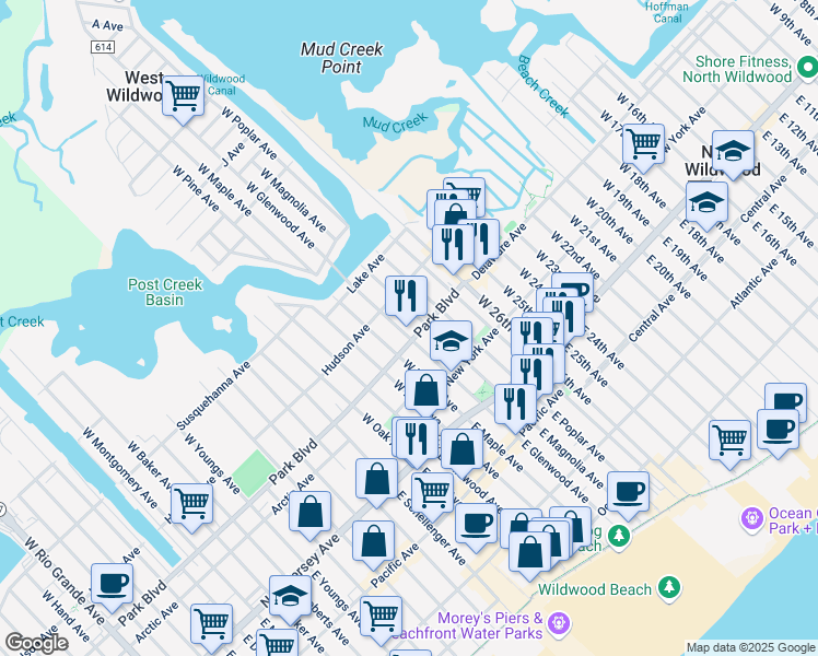 map of restaurants, bars, coffee shops, grocery stores, and more near 312 West Magnolia Avenue in Wildwood
