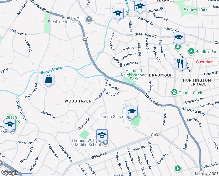 map of restaurants, bars, coffee shops, grocery stores, and more near 6310 Poe Road in Bethesda