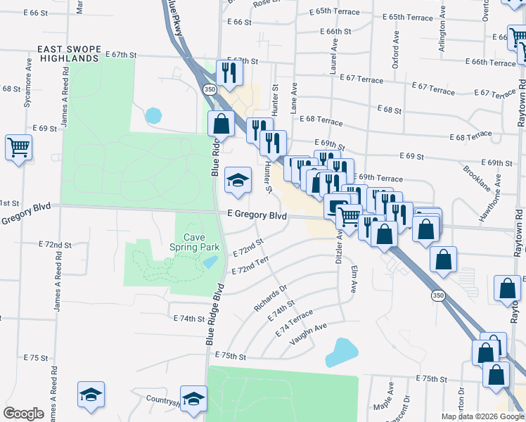 map of restaurants, bars, coffee shops, grocery stores, and more near 7036 Hunter Street in Raytown