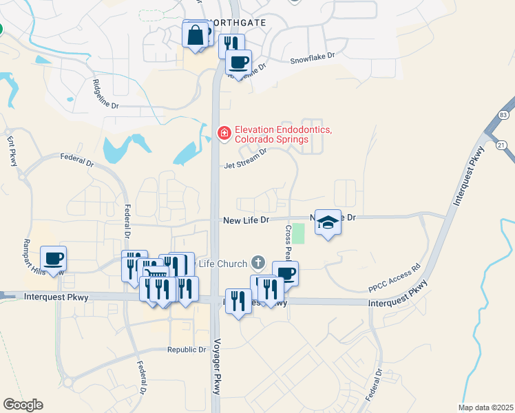 map of restaurants, bars, coffee shops, grocery stores, and more near 11275 Nahcolite Point in Colorado Springs