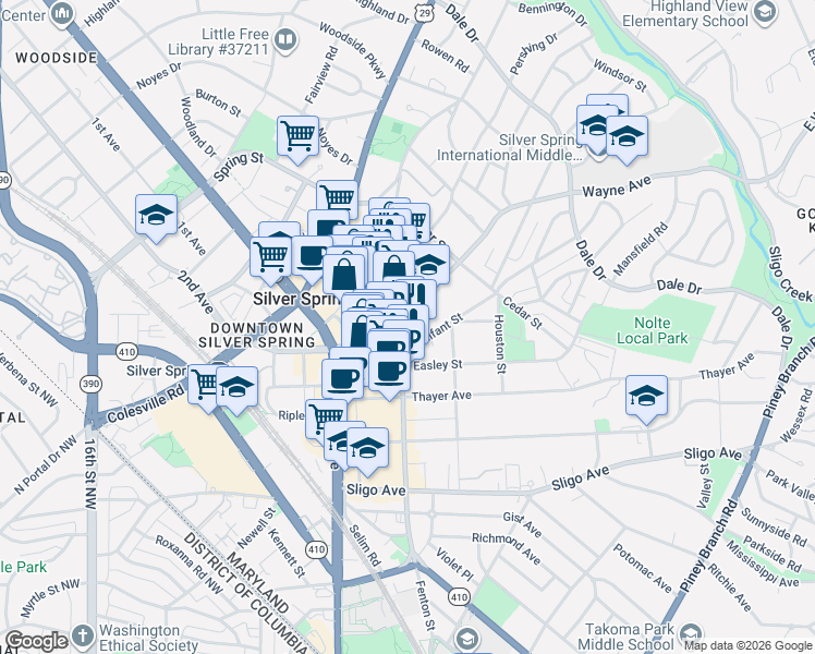 map of restaurants, bars, coffee shops, grocery stores, and more near 8455 Fenton Street in Silver Spring