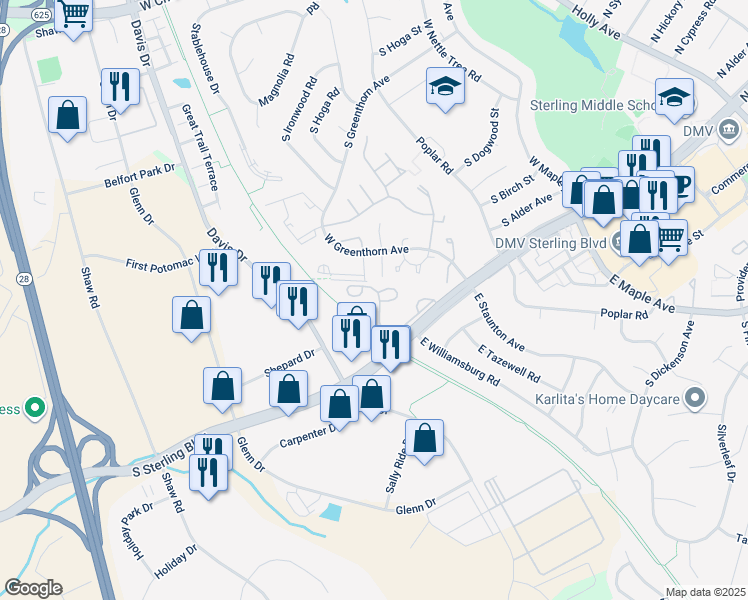 map of restaurants, bars, coffee shops, grocery stores, and more near 1221 Chase Heritage Circle in Sterling