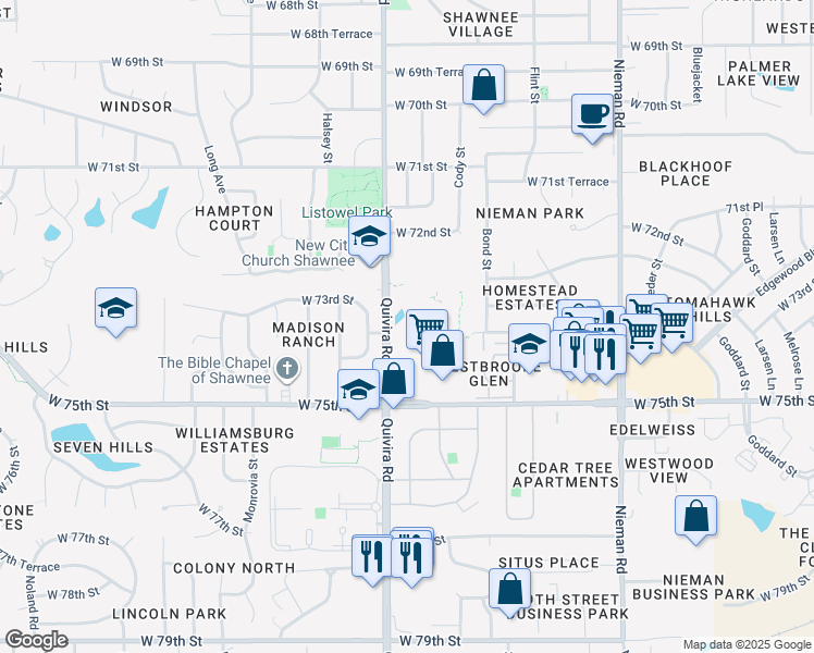 map of restaurants, bars, coffee shops, grocery stores, and more near 7325 Quivira Road in Shawnee