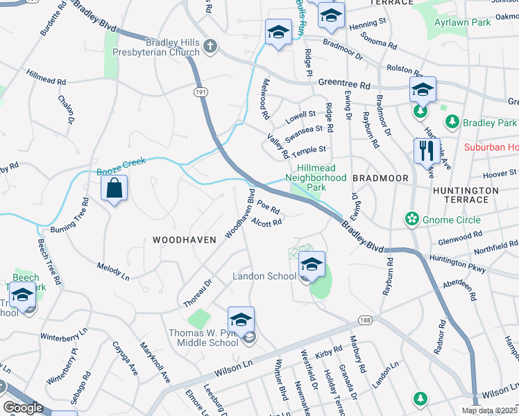 map of restaurants, bars, coffee shops, grocery stores, and more near 6310 Poe Road in Bethesda