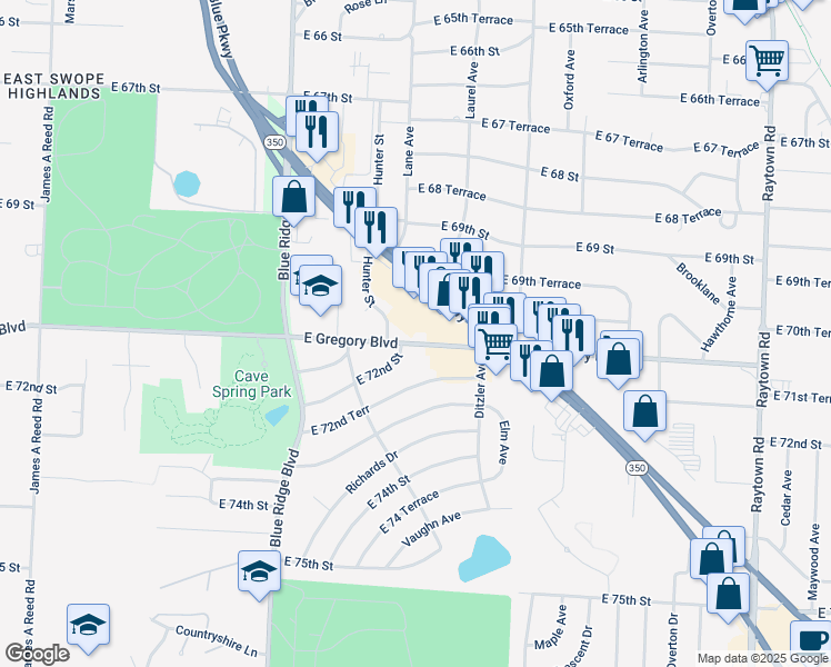 map of restaurants, bars, coffee shops, grocery stores, and more near 9006 East Gregory Boulevard in Raytown