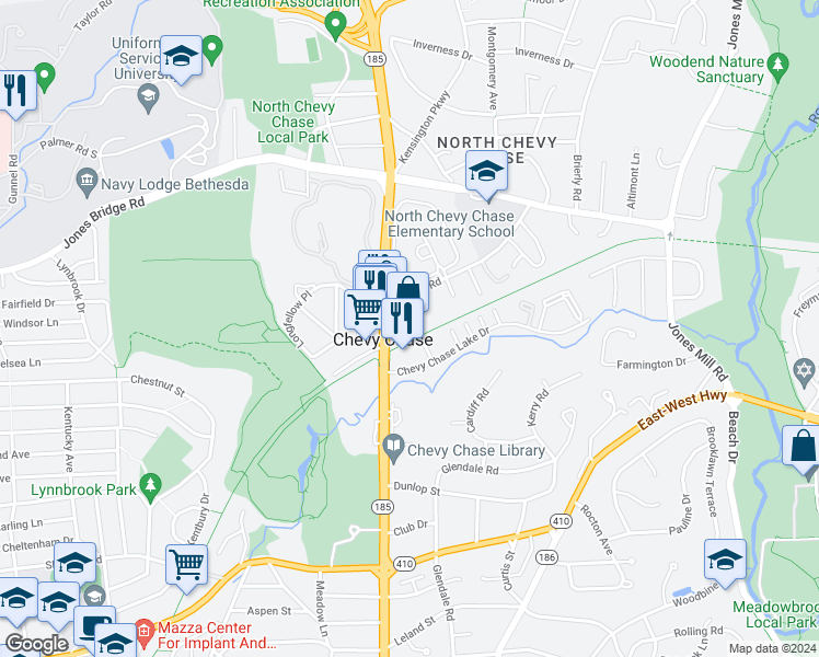 map of restaurants, bars, coffee shops, grocery stores, and more near 8519 Connecticut Avenue in Chevy Chase