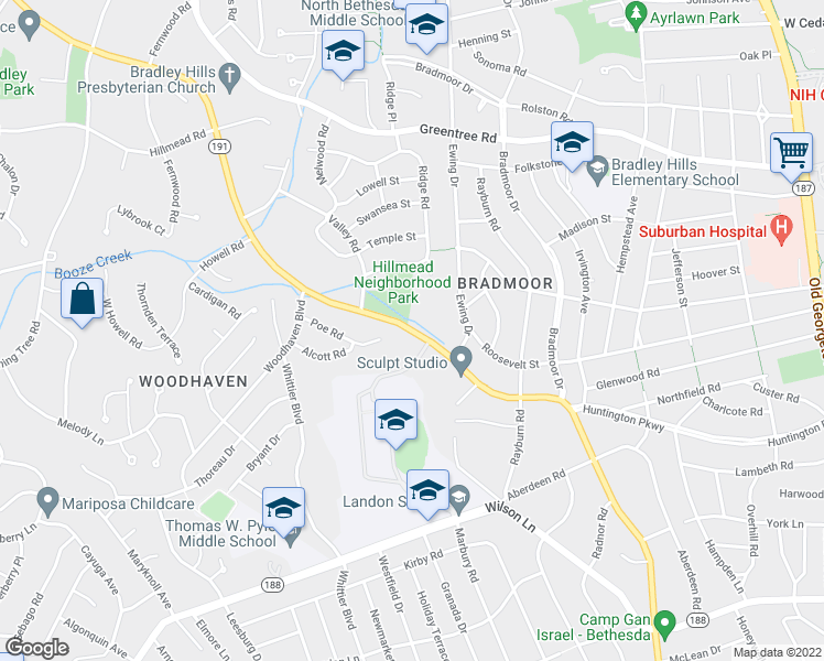 map of restaurants, bars, coffee shops, grocery stores, and more near Bradley Boulevard in Bethesda