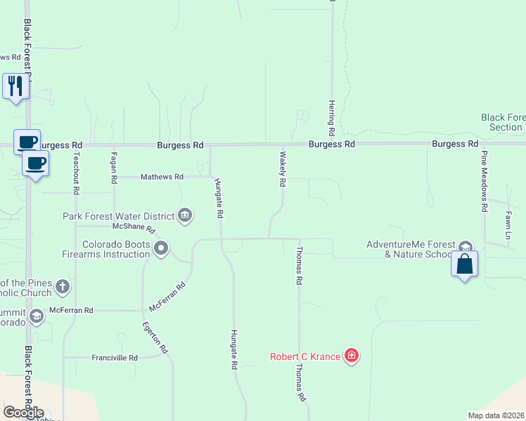 map of restaurants, bars, coffee shops, grocery stores, and more near 11330 Wakely Road in Colorado Springs
