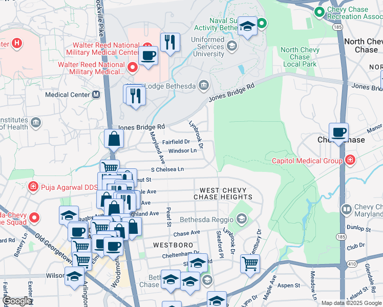 map of restaurants, bars, coffee shops, grocery stores, and more near 4512 Windsor Lane in Bethesda