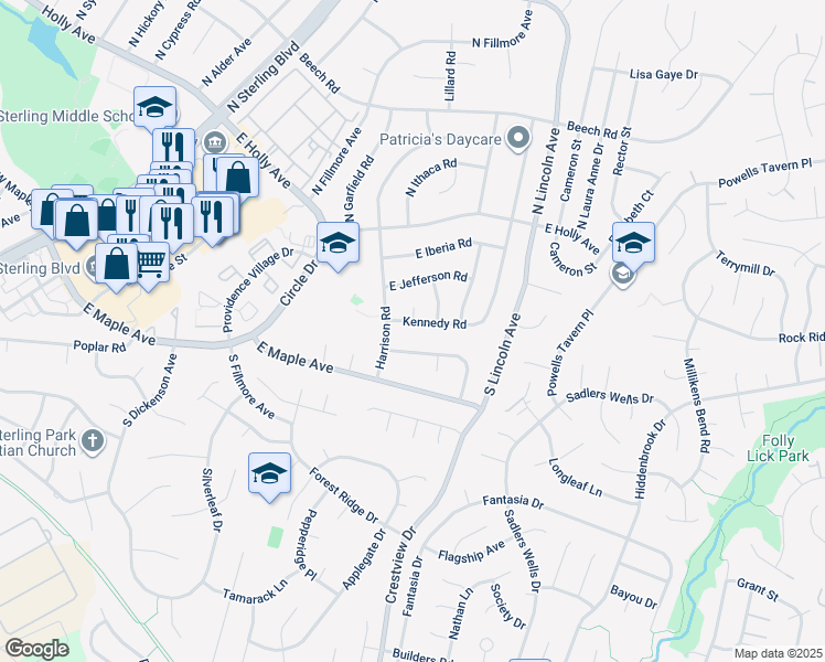 map of restaurants, bars, coffee shops, grocery stores, and more near 1206 East Kennedy Road in Sterling