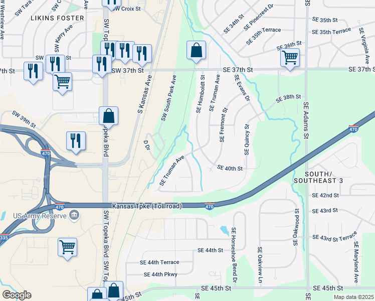 map of restaurants, bars, coffee shops, grocery stores, and more near 3921 Southeast Truman Avenue in Topeka