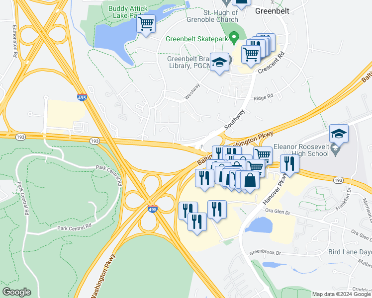 map of restaurants, bars, coffee shops, grocery stores, and more near Greenbelt Road in Greenbelt