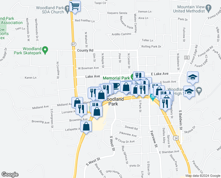 map of restaurants, bars, coffee shops, grocery stores, and more near 202 North West Street in Woodland Park