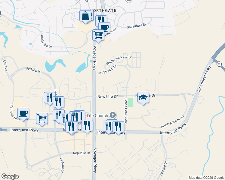 map of restaurants, bars, coffee shops, grocery stores, and more near 11275 Nahcolite Point in Colorado Springs
