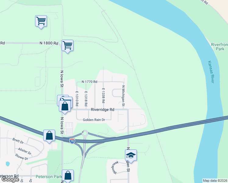 map of restaurants, bars, coffee shops, grocery stores, and more near 815 North Michigan Circle in Lawrence
