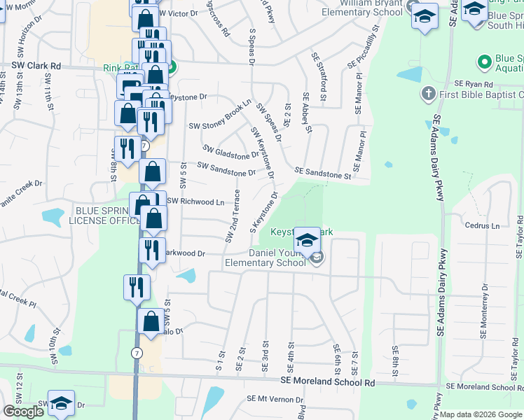 map of restaurants, bars, coffee shops, grocery stores, and more near 2215 Southwest Keystone Place in Blue Springs