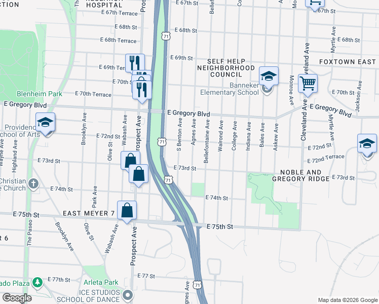 map of restaurants, bars, coffee shops, grocery stores, and more near 7212 Agnes Avenue in Kansas City