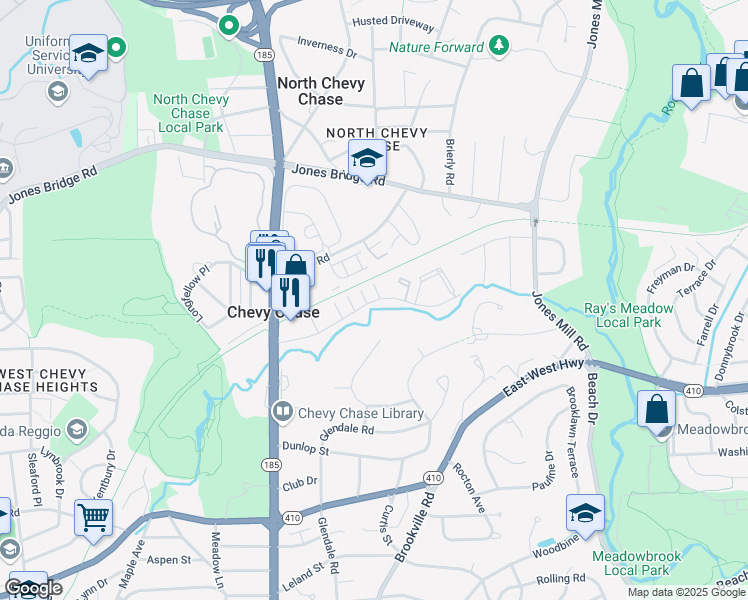 map of restaurants, bars, coffee shops, grocery stores, and more near 3605 Chevy Chase Lake Drive in Chevy Chase