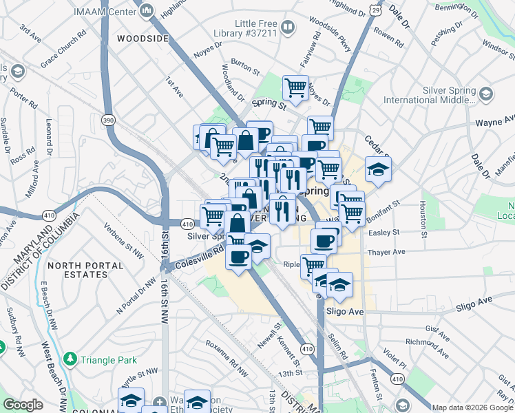 map of restaurants, bars, coffee shops, grocery stores, and more near 101 Independence Avenue Southeast in Washington