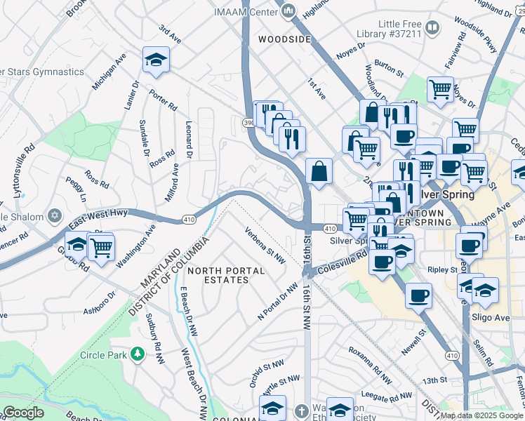 map of restaurants, bars, coffee shops, grocery stores, and more near 1776 East-West Highway in Silver Spring