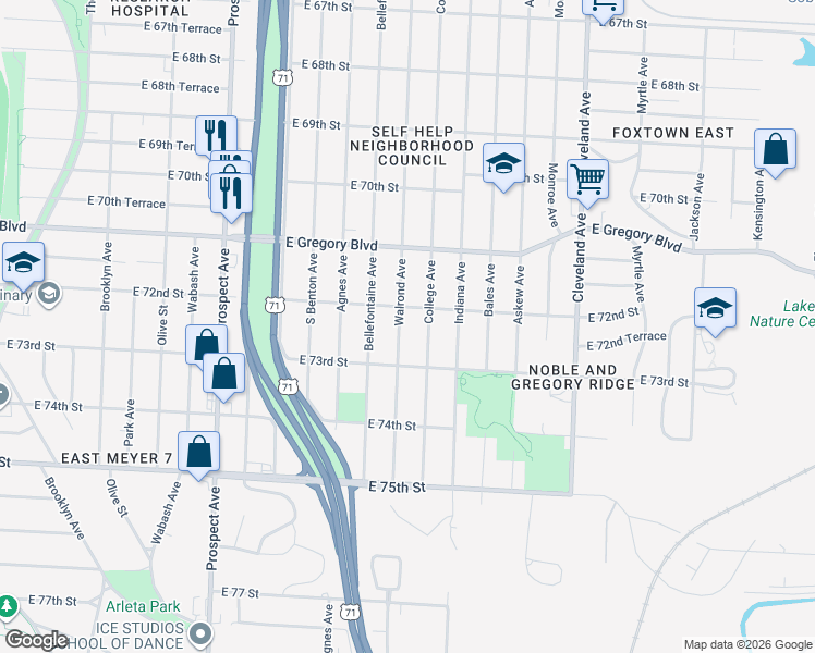map of restaurants, bars, coffee shops, grocery stores, and more near 3207 East 72nd Street in Kansas City