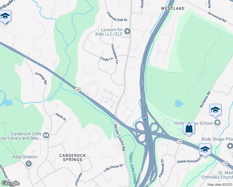 map of restaurants, bars, coffee shops, grocery stores, and more near 7911 Quarry Ridge Way in Bethesda