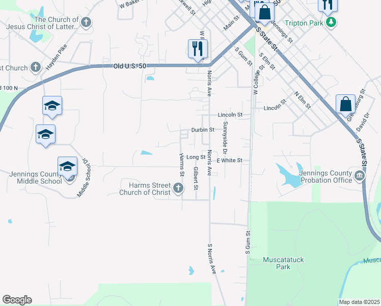 map of restaurants, bars, coffee shops, grocery stores, and more near 57 Long Street in North Vernon