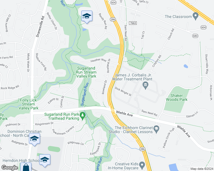 map of restaurants, bars, coffee shops, grocery stores, and more near 1241 Rowland Drive in Herndon