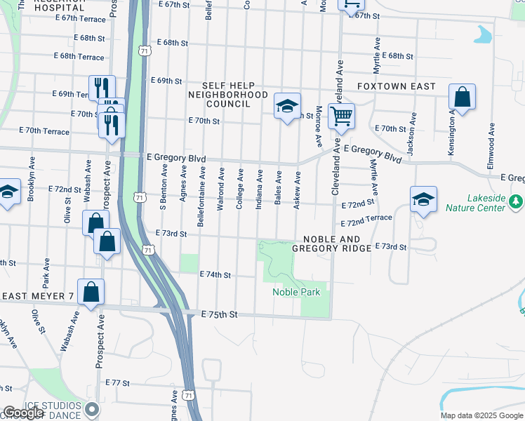 map of restaurants, bars, coffee shops, grocery stores, and more near 7215 Indiana Avenue in Kansas City