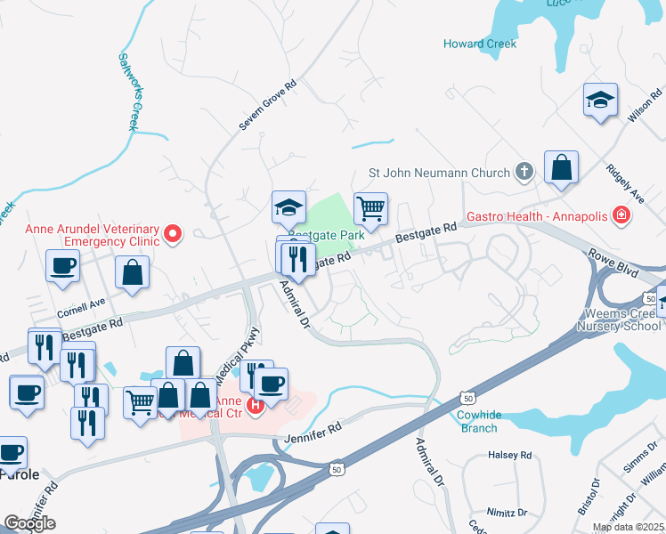 map of restaurants, bars, coffee shops, grocery stores, and more near 2001 Harbour Gates Drive in Annapolis