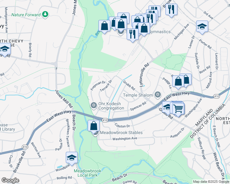 map of restaurants, bars, coffee shops, grocery stores, and more near 8513 Farrell Drive in Chevy Chase