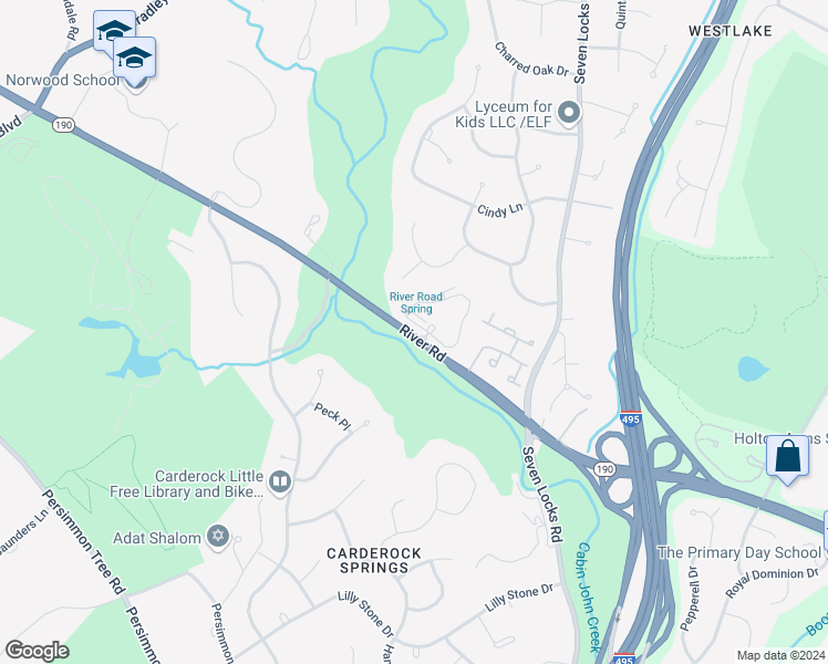 map of restaurants, bars, coffee shops, grocery stores, and more near 8135 River Road in Bethesda