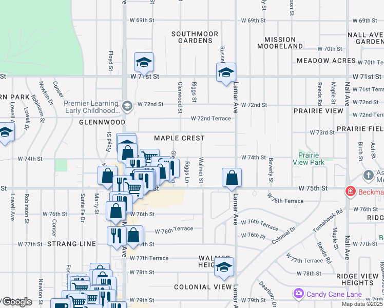 map of restaurants, bars, coffee shops, grocery stores, and more near 6522 West 74th Street in Overland Park