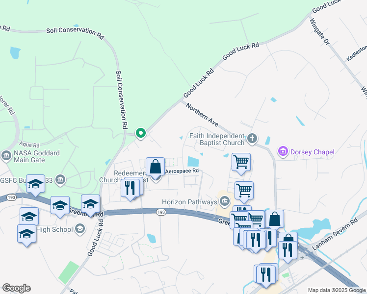 map of restaurants, bars, coffee shops, grocery stores, and more near 8008 Hubble Drive in Lanham