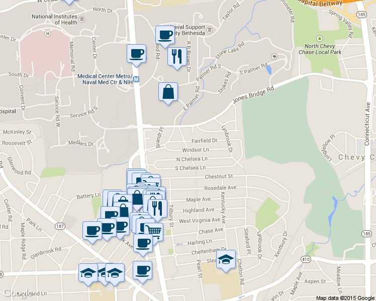 map of restaurants, bars, coffee shops, grocery stores, and more near Maryland Ave & Windsor Ln in Chevy Chase