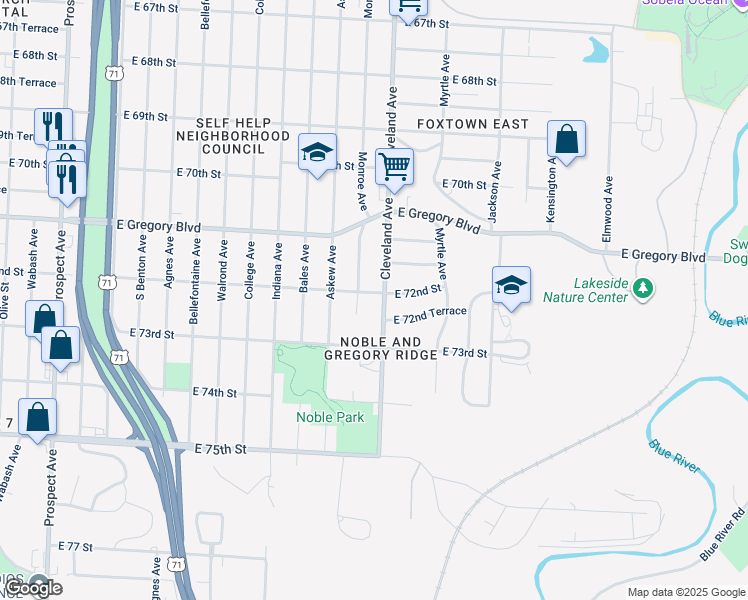 map of restaurants, bars, coffee shops, grocery stores, and more near 3709 East 72nd Street in Kansas City