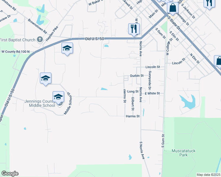 map of restaurants, bars, coffee shops, grocery stores, and more near 233 Davis Street in North Vernon