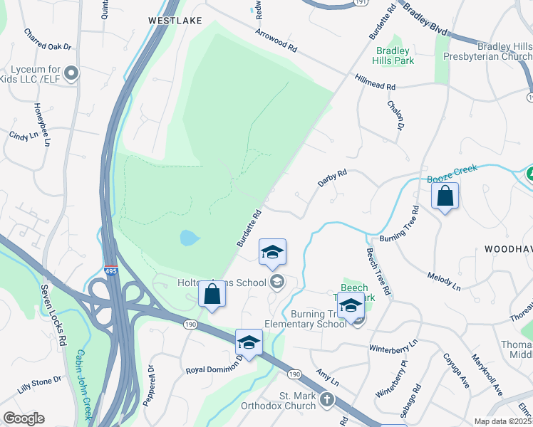 map of restaurants, bars, coffee shops, grocery stores, and more near 8201 Burning Tree Road in Bethesda