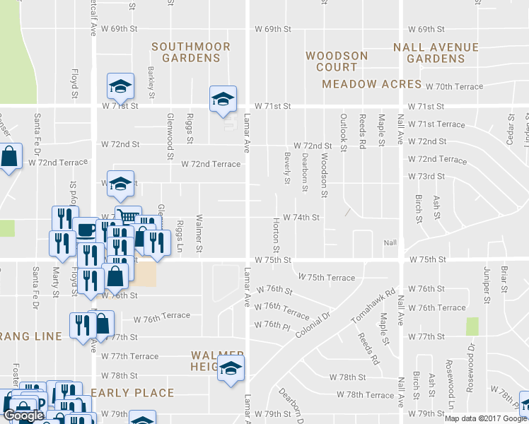 map of restaurants, bars, coffee shops, grocery stores, and more near 6200 West 74th Street in Overland Park