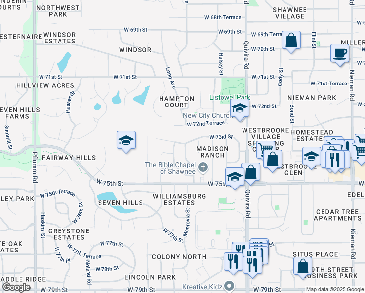map of restaurants, bars, coffee shops, grocery stores, and more near 7332 Monrovia Street in Shawnee