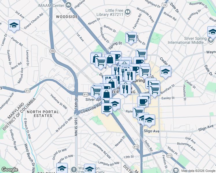 map of restaurants, bars, coffee shops, grocery stores, and more near 101 Independence Avenue Southeast in Washington