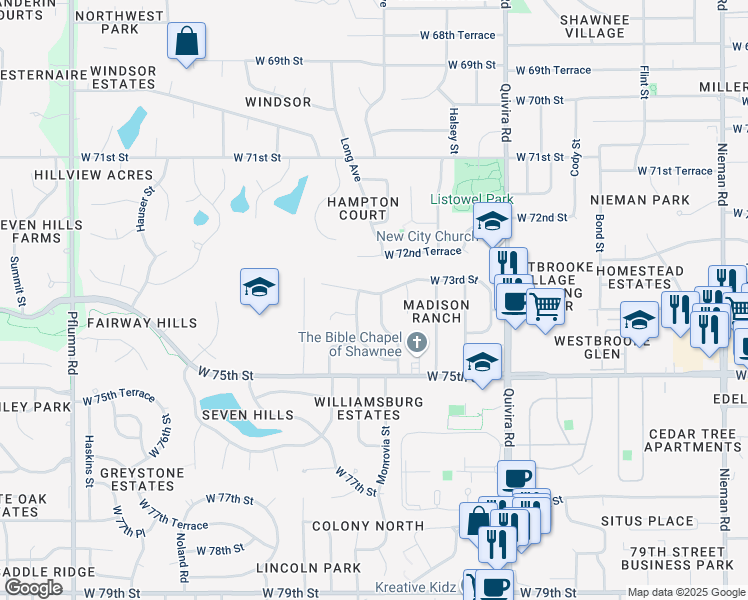 map of restaurants, bars, coffee shops, grocery stores, and more near 7332 Monrovia Street in Shawnee