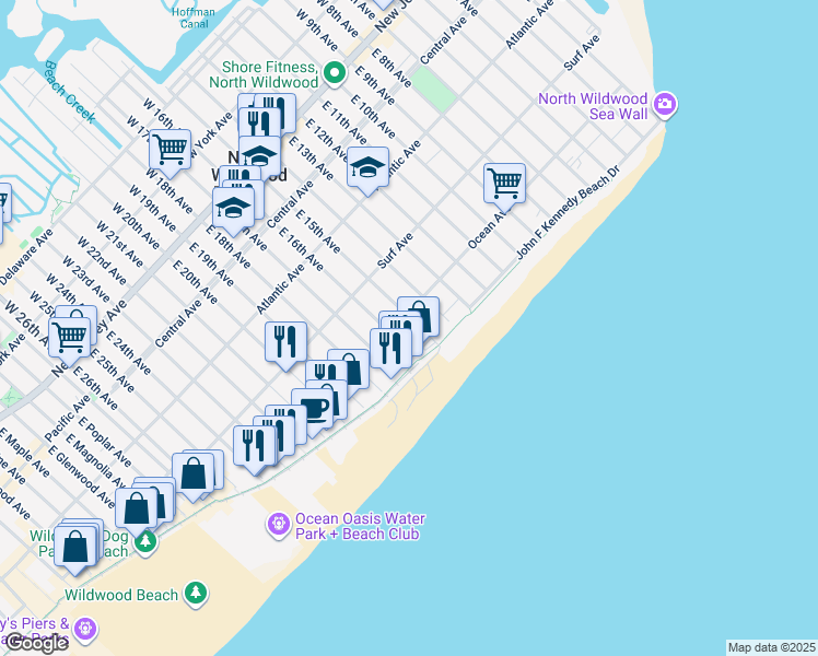 map of restaurants, bars, coffee shops, grocery stores, and more near 506 East 14th Avenue in North Wildwood