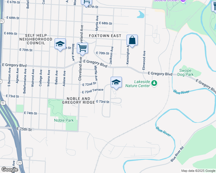 map of restaurants, bars, coffee shops, grocery stores, and more near 7203 Norton Avenue in Kansas City