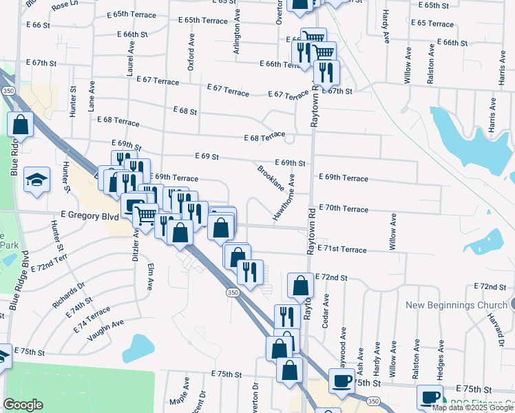 map of restaurants, bars, coffee shops, grocery stores, and more near 9708 Rice Avenue in Raytown