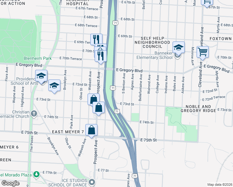 map of restaurants, bars, coffee shops, grocery stores, and more near 7216 South Benton Avenue in Kansas City