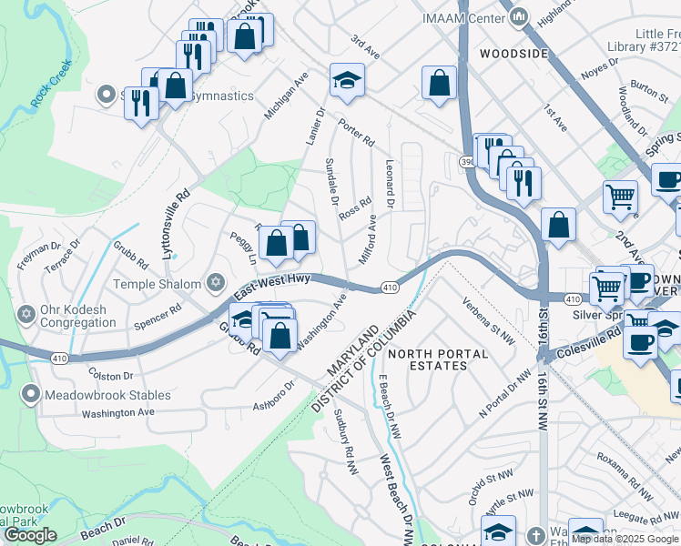 map of restaurants, bars, coffee shops, grocery stores, and more near 8500 Sundale Drive in Silver Spring