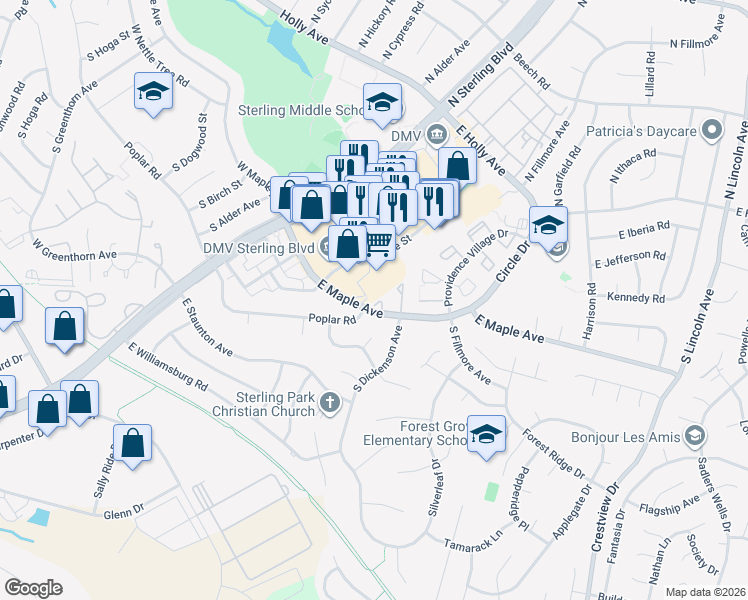 map of restaurants, bars, coffee shops, grocery stores, and more near 16 Providence Square in Sterling