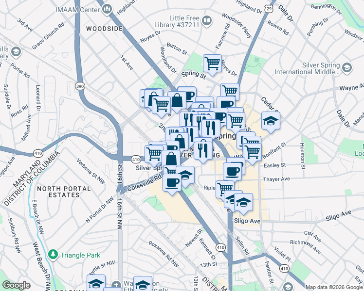 map of restaurants, bars, coffee shops, grocery stores, and more near 101 Independence Avenue Southeast in Washington